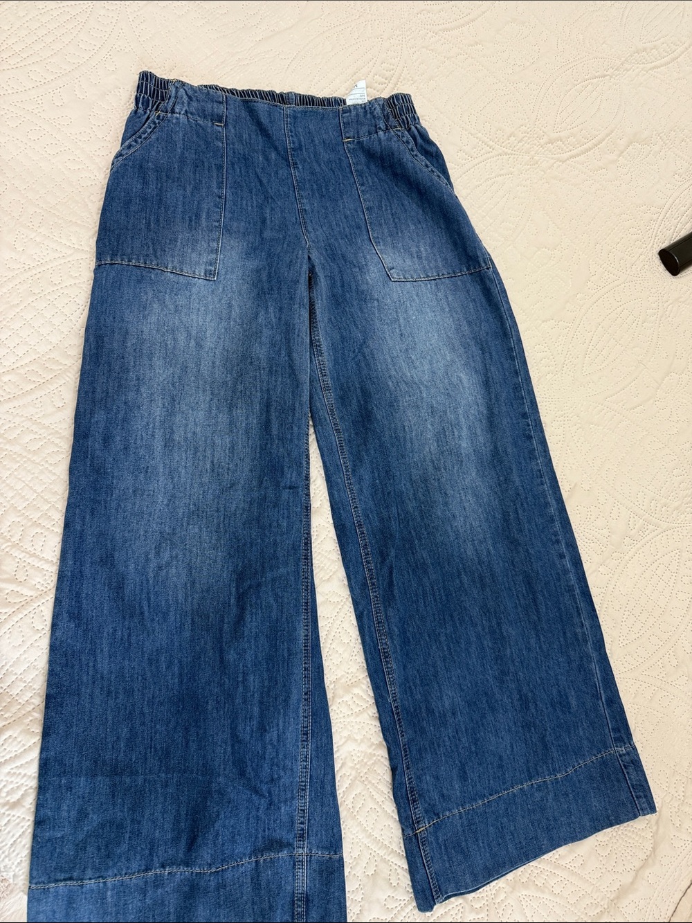 Elastic-Waist Wide-Leg Denim Jeans in Dark Blue
